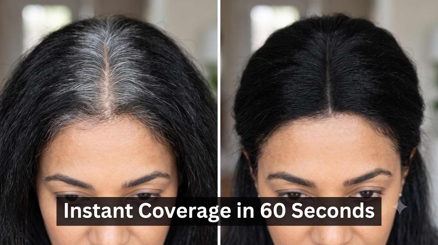 Before-and-after split screen showing a woman's hair part coverage, with the left side displaying visible gray hair at the part and the right side showing dark, covered hair. A text overlay at the bottom reads 'Instant Coverage in 60 Seconds'.