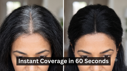 Before-and-after split screen showing a woman's hair part coverage, with the left side displaying visible gray hair at the part and the right side showing dark, covered hair. A text overlay at the bottom reads 'Instant Coverage in 60 Seconds'.