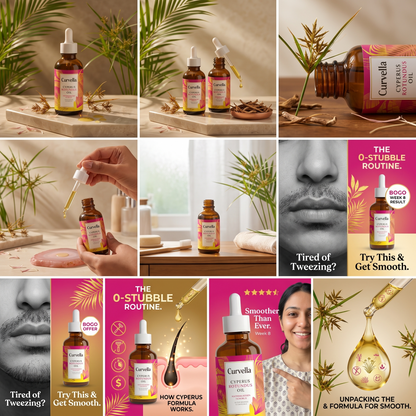 A 3x3 collage of beauty product photos featuring Curvulia Cyperus Hair Oil in amber glass dropper bottles with pink labels, shown in styled settings with hands, lips, and natural elements.