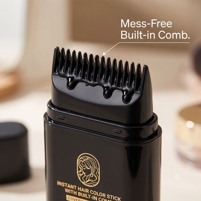 Close-up of a black hair color stick container with a built-in comb attachment, shown with the text 'Mess-Free Built-in Comb.' pointing to the comb teeth.
