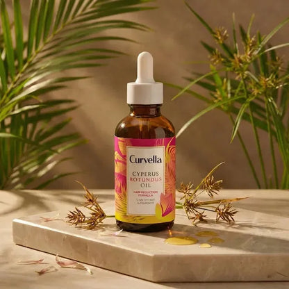 Curverlla Cypresus Rotundus Oil bottle with dropper on a stone surface with plants in the background