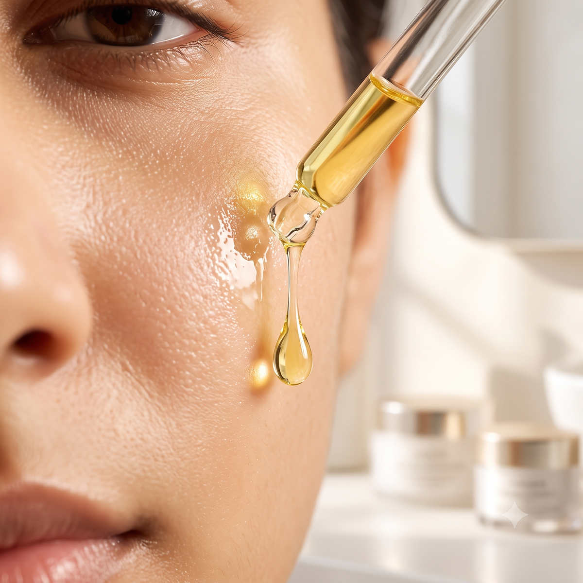 A close-up of a person's face with a glass dropper applying a golden-yellow skincare serum onto the cheek, with a small droplet hanging and other cosmetic jars blurred in the background.