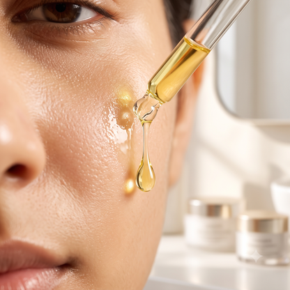 A close-up of a person's face with a glass dropper applying a golden-yellow skincare serum onto the cheek, with a small droplet hanging and other cosmetic jars blurred in the background.