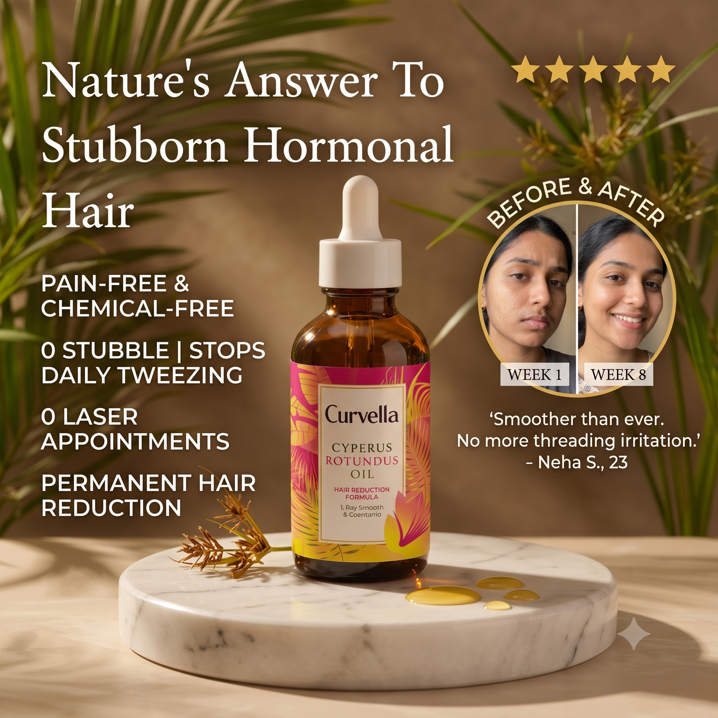 An amber glass dropper bottle of Curvella Cyperus Rotundus Oil stands on a white round tray with a few gold oil droplets. The background is a warm brown studio setting with leafy green plants and a before-and-after circular inset showing a woman's hair reduction progress over 8 weeks.