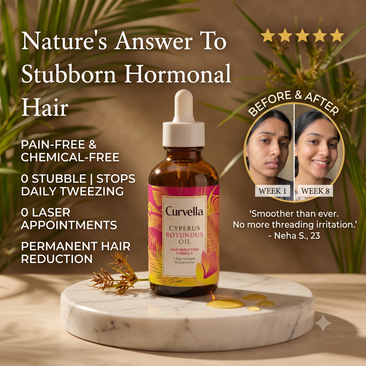 An amber glass dropper bottle of Curvella Cyperus Rotundus Oil stands on a white round tray with a few gold oil droplets. The background is a warm brown studio setting with leafy green plants and a before-and-after circular inset showing a woman's hair reduction progress over 8 weeks.
