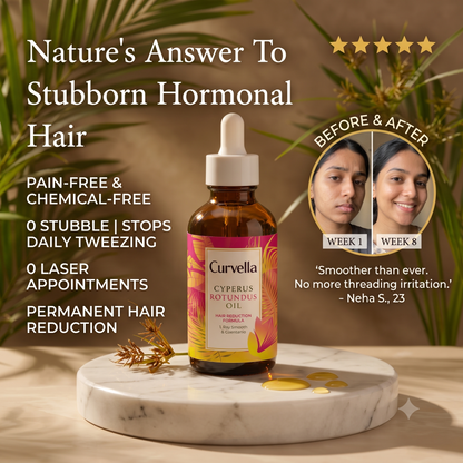An amber glass dropper bottle of Curvella Cyperus Rotundus Oil stands on a white round tray with a few gold oil droplets. The background is a warm brown studio setting with leafy green plants and a before-and-after circular inset showing a woman's hair reduction progress over 8 weeks.