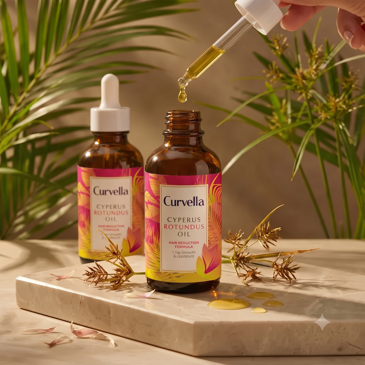 Two amber glass dropper bottles of Curvella Cyprus Rotundus Oil are arranged on a stone slab with green leaves and dried plant stems. A hand is holding a dropper above the front bottle, dispensing golden oil.