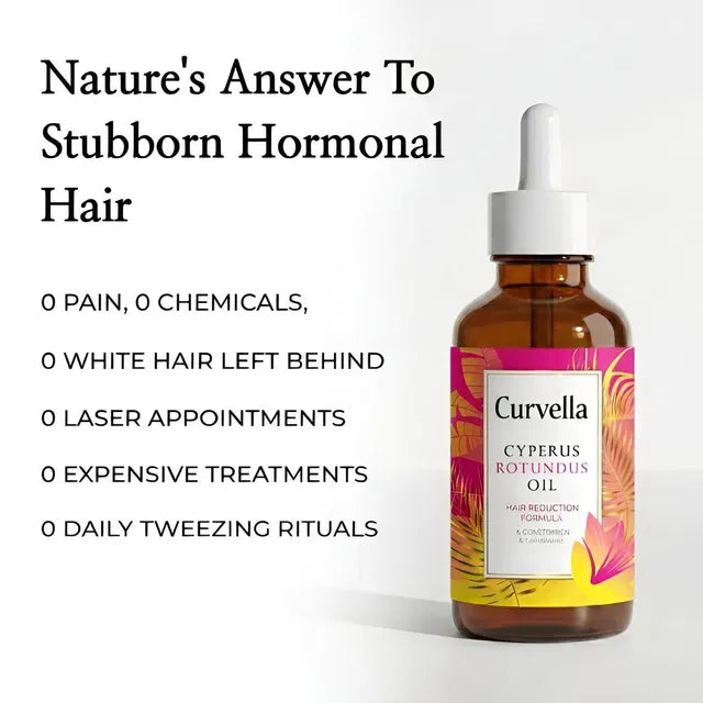Curvella Cyperus Rotundus Oil bottle with text highlighting natural hair care benefits on a white background