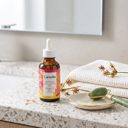 A bottle of Curvella Cyperus Rotundus Oil on a speckled countertop with a white towel, a gold-handled facial roller, and dried grass stems.