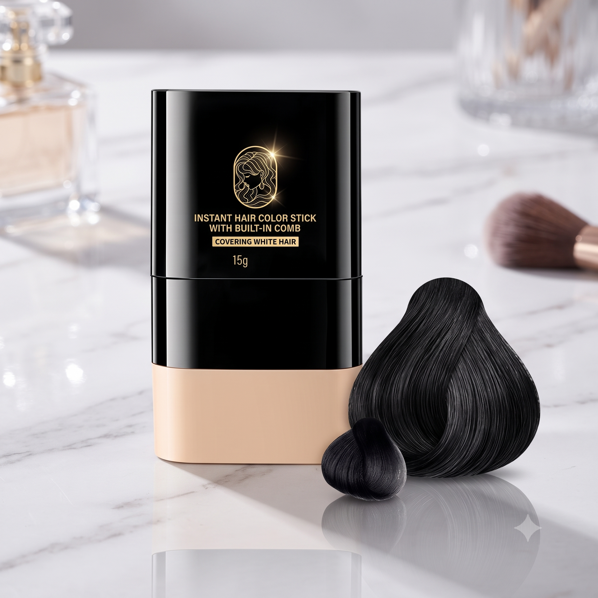 Instant Hair Color Stick in a black and beige stick container, shown with two black hair swatches on a white marble surface with cosmetic props in the background.