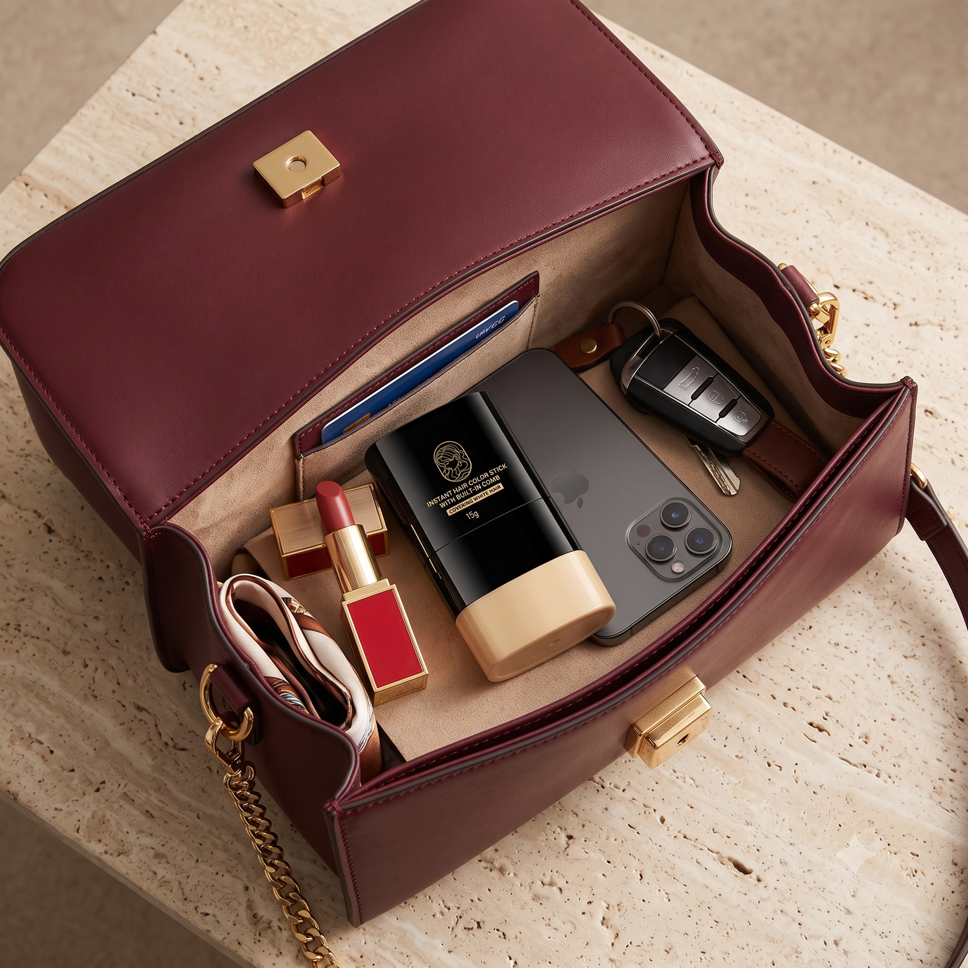 A burgundy leather handbag shown open on a light stone surface, filled with everyday items including a smartphone, keys, lipstick, and cards. The bag has gold-tone hardware and a chain strap.