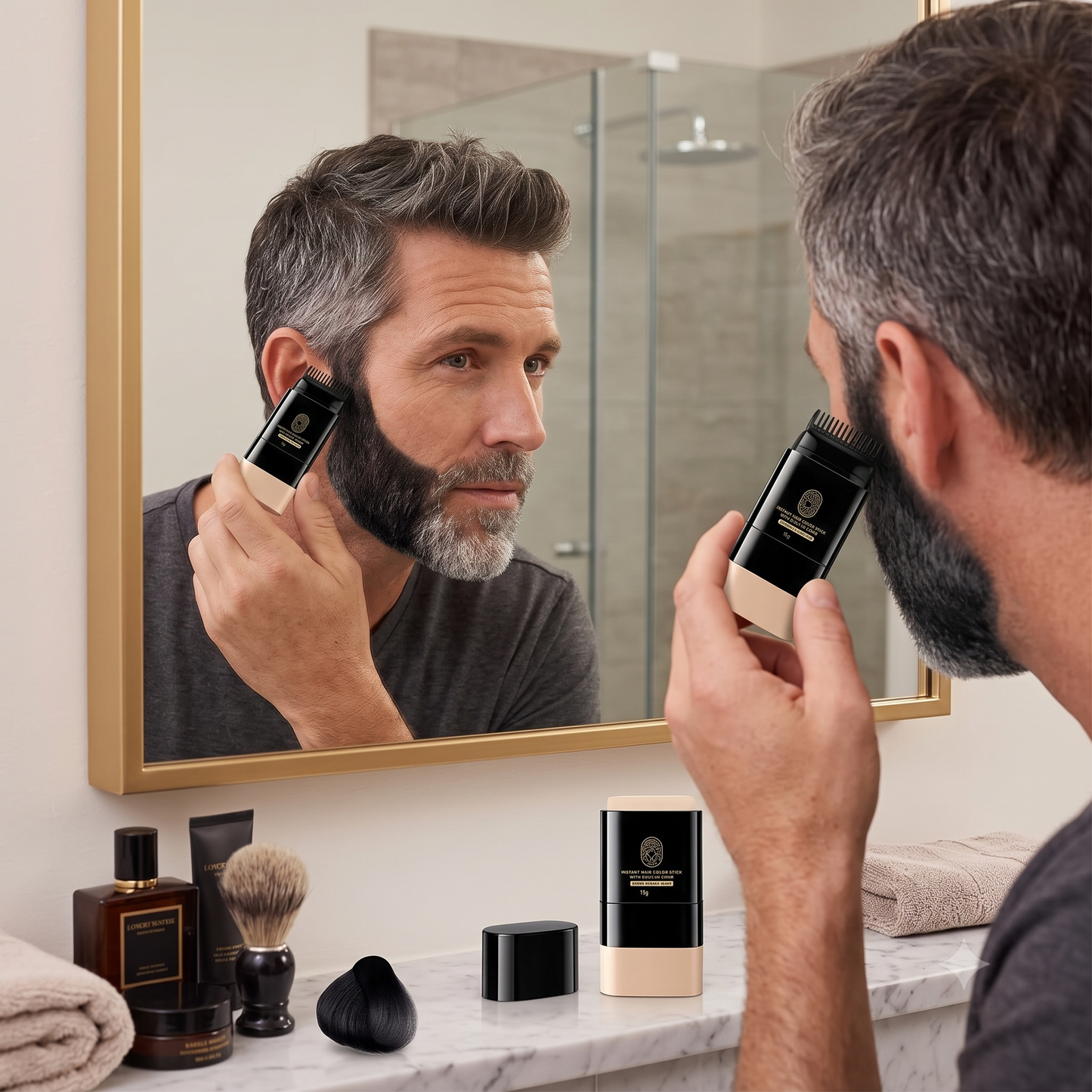A man in a bathroom uses an electric beard trimmer on his beard, with his reflection visible in a gold-framed mirror. Shaving products, including a beard trimmer, shaving brush, and bottles, are arranged on a marble countertop.